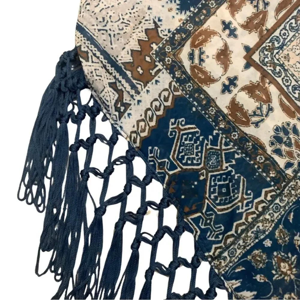 2/$30 Boho Western Teal Blue Tan Brown Print Bandana Neck Scarf Size XS Fringe